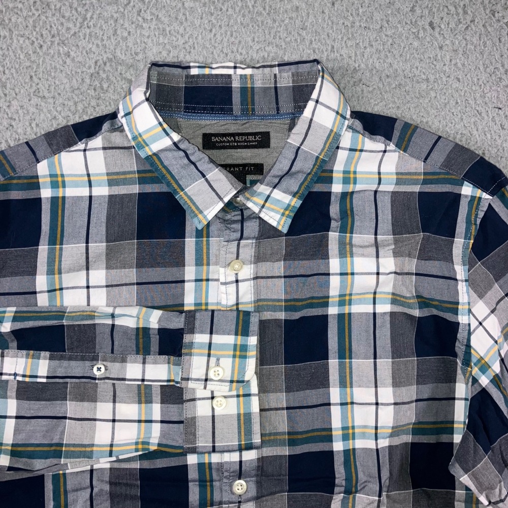 Banana Republic Button Up Shirt Men L Tartan Plaid Grant Fit Custom Wash Preppy‎